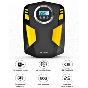 Portable Car Tire Inflator, 12V Digital Air Compressor Pump for Cars with Fast Inflation, LED Light, Preset Pressure Gauge, and Long Cord