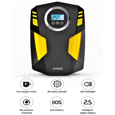 Portable Car Tire Inflator, 12V Digital Air Compressor Pump for Cars with Fast Inflation, LED Light, Preset Pressure Gauge, and Long Cord