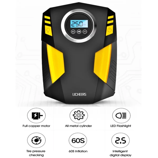 Portable Car Tire Inflator, 12V Digital Air Compressor Pump for Cars with Fast Inflation, LED Light, Preset Pressure Gauge, and Long Cord
