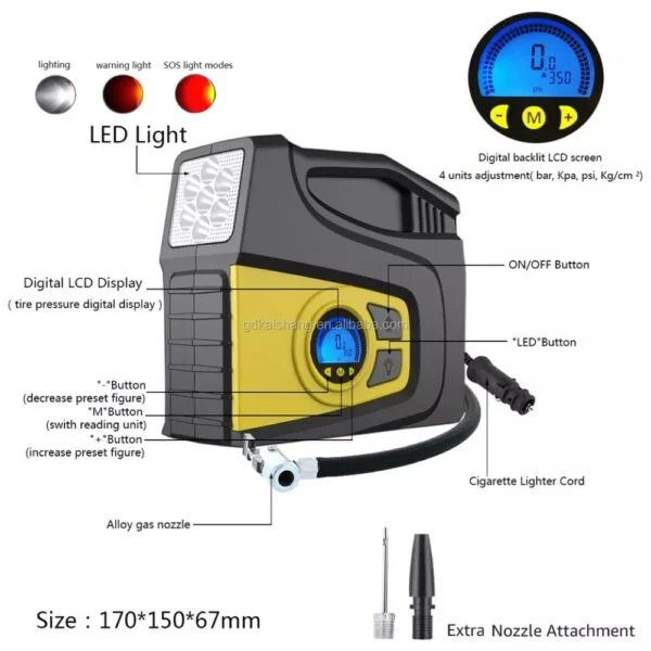 Digital Air Compressor Pump for Cars, Max Pressure150PSI, LED Light, Preset Pressure Gauge, and Long Cord - Image 2