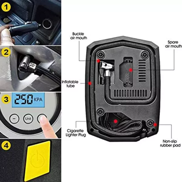 Portable Car Tire Inflator, 12V Digital Air Compressor Pump for Cars with Fast Inflation, LED Light, Preset Pressure Gauge, and Long Cord - Image 4
