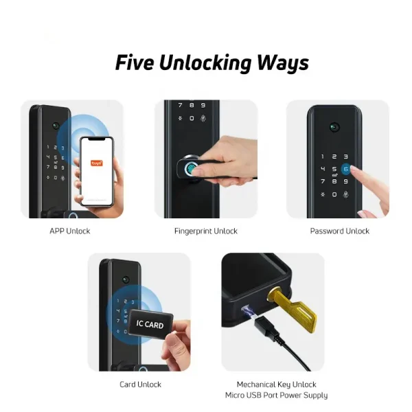 Glomarket WIFI Tuya APP Control QR Card Fingerprint Door Lock Digital Lock Intelligent Electric Smart Door Lock With Camera - Image 5